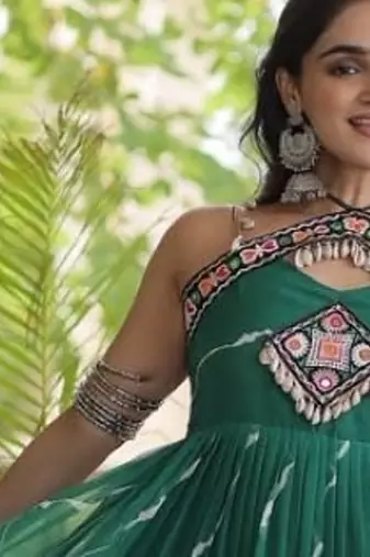Green georgette readymade anarkali suit with laheriya & kutchi work