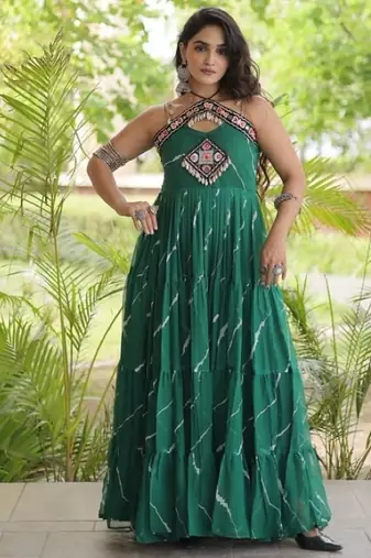 Green georgette readymade anarkali suit with laheriya & kutchi work
