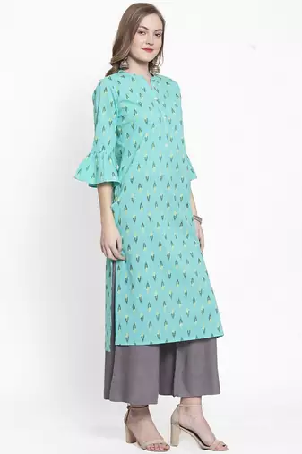 Women Sea Green Floral Printed Pure Cotton Kurta with Palazzos