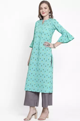 Women Sea Green Floral Printed Pure Cotton Kurta with Palazzos