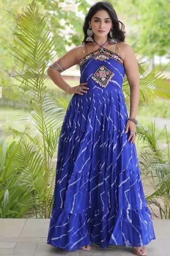 Violet georgette readymade anarkali suit with laheriya & kutchi work