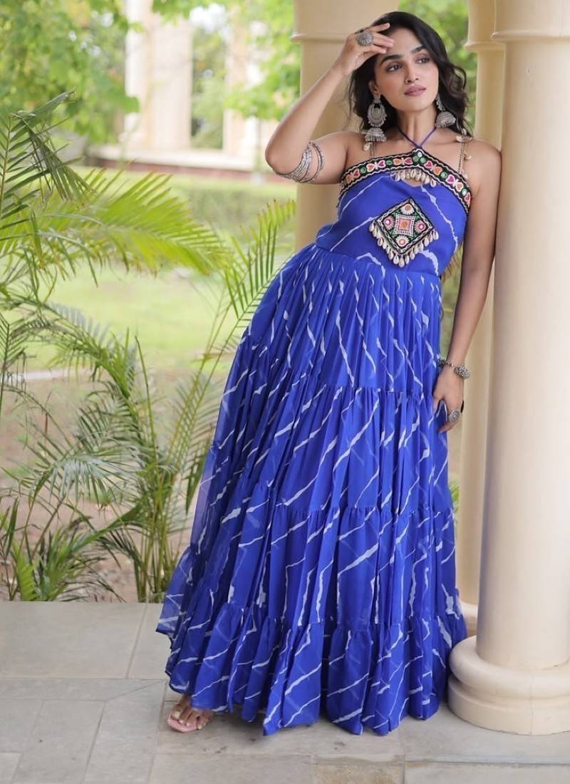 Violet georgette readymade anarkali suit with laheriya & kutchi work