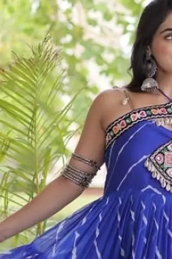 Violet georgette readymade anarkali suit with laheriya & kutchi work