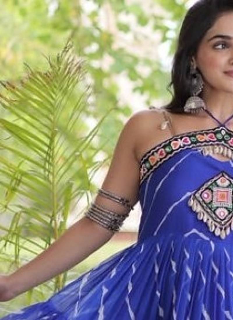 Violet georgette readymade anarkali suit with laheriya & kutchi work