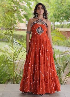 Orange georgette readymade anarkali suit with laheriya & kutchi work 1