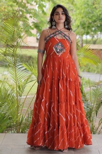 Orange georgette readymade anarkali suit with laheriya & kutchi work