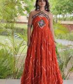 Orange georgette readymade anarkali suit with laheriya & kutchi work