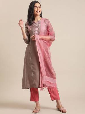 Women Beige & Pink Floral Yoke Design Regular Kurta With Trousers & Dupatta 1