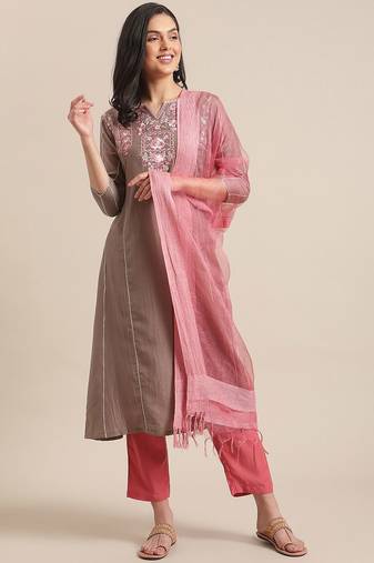 Women Beige & Pink Floral Yoke Design Regular Kurta With Trousers & Dupatta