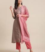 Women Beige & Pink Floral Yoke Design Regular Kurta With Trousers & Dupatta