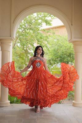 Orange georgette readymade anarkali suit with laheriya & kutchi work 2