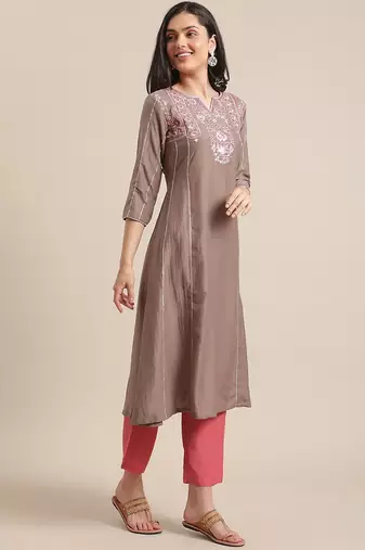 Women Beige & Pink Floral Yoke Design Regular Kurta With Trousers & Dupatta