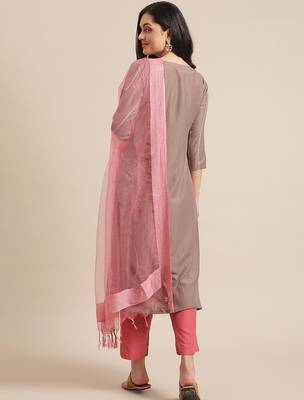 Women Beige & Pink Floral Yoke Design Regular Kurta With Trousers & Dupatta 6