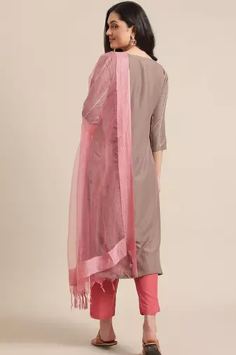 Women Beige & Pink Floral Yoke Design Regular Kurta With Trousers & Dupatta