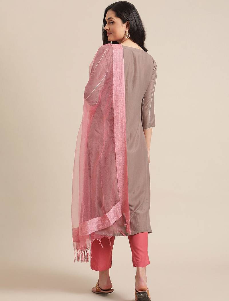 Women Beige & Pink Floral Yoke Design Regular Kurta With Trousers & Dupatta