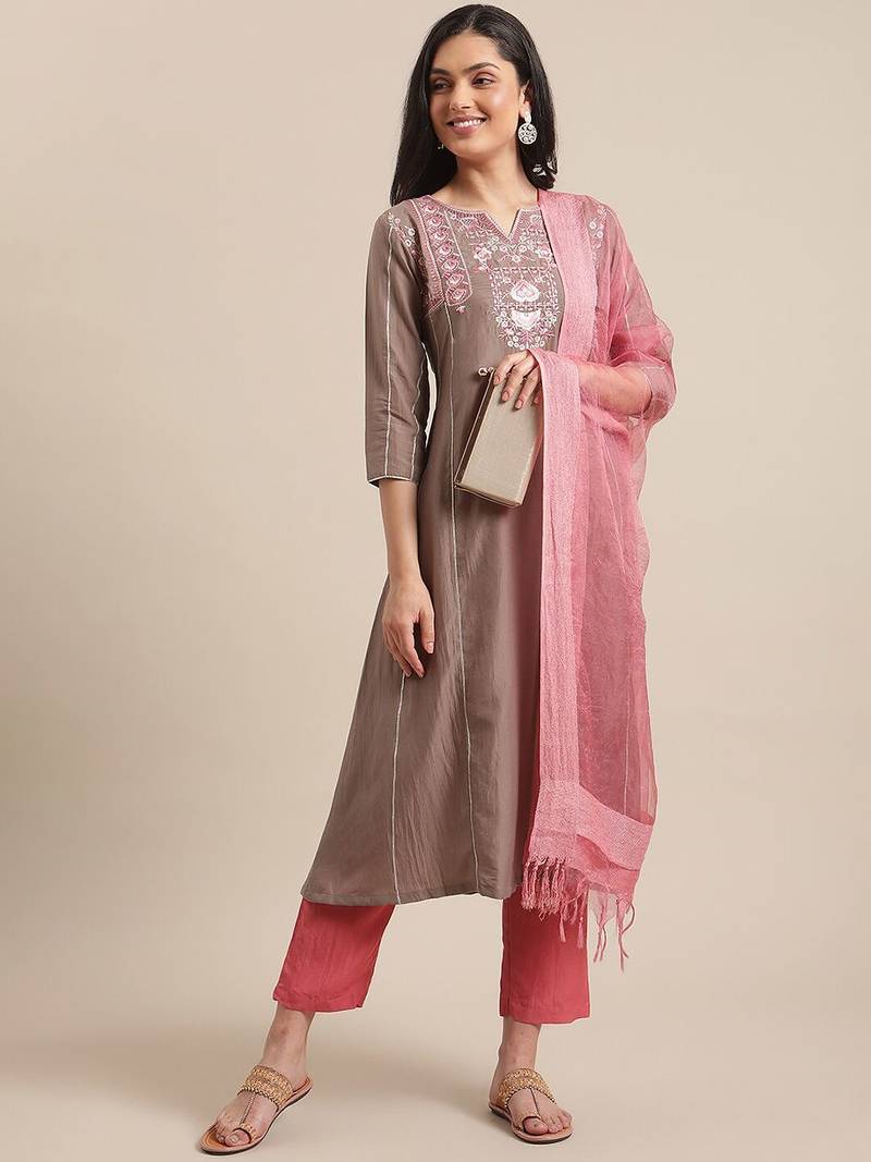 Women Beige & Pink Floral Yoke Design Regular Kurta With Trousers & Dupatta