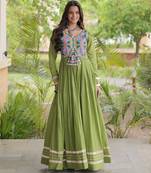 P green cotton readymade anarkali suit with thread embroidery work