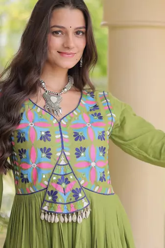 P green cotton readymade anarkali suit with thread embroidery work