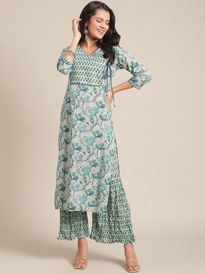 Women Turquoise Blue & Off-White Floral Angrakha Pure Cotton Kurta With Palazzos 1