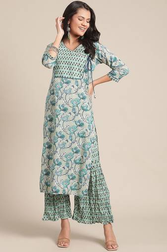 Women Turquoise Blue & Off-White Floral Angrakha Pure Cotton Kurta With Palazzos