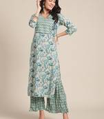 Women Turquoise Blue & Off-White Floral Angrakha Pure Cotton Kurta With Palazzos