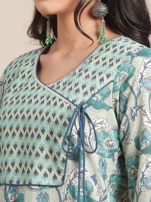 Women Turquoise Blue & Off-White Floral Angrakha Pure Cotton Kurta With Palazzos 2