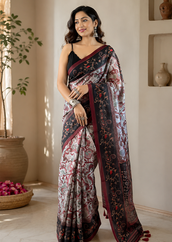 grey color multi digital hand picked kalamkari print cotton blend saree
