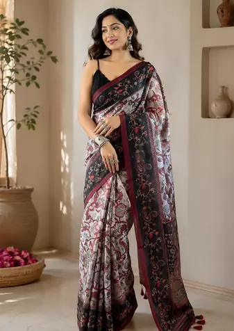 grey color multi digital hand picked kalamkari print cotton blend saree