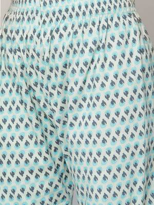 Women Turquoise Blue & Off-White Floral Angrakha Pure Cotton Kurta With Palazzos 3