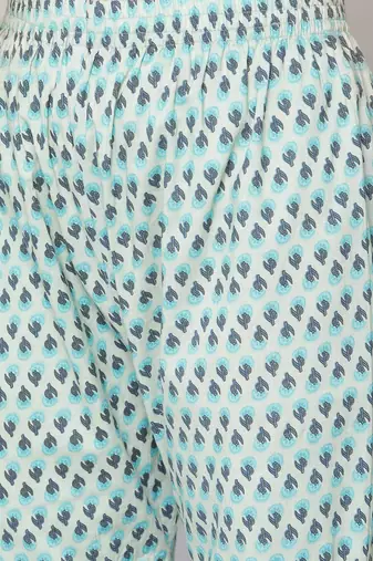 Women Turquoise Blue & Off-White Floral Angrakha Pure Cotton Kurta With Palazzos
