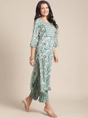 Women Turquoise Blue & Off-White Floral Angrakha Pure Cotton Kurta With Palazzos 4