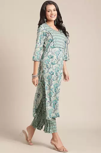 Women Turquoise Blue & Off-White Floral Angrakha Pure Cotton Kurta With Palazzos