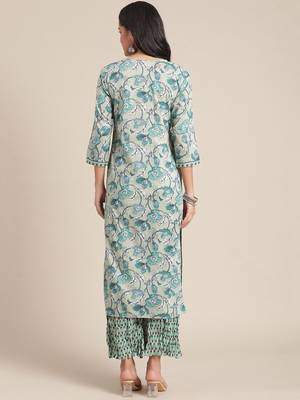 Women Turquoise Blue & Off-White Floral Angrakha Pure Cotton Kurta With Palazzos 5