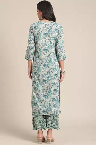 Women Turquoise Blue & Off-White Floral Angrakha Pure Cotton Kurta With Palazzos