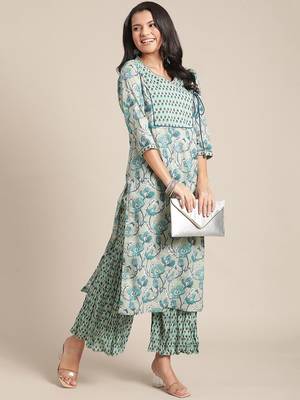 Women Turquoise Blue & Off-White Floral Angrakha Pure Cotton Kurta With Palazzos 6