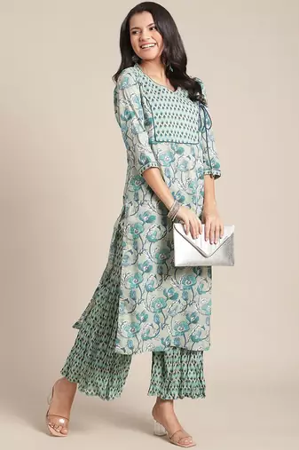 Women Turquoise Blue & Off-White Floral Angrakha Pure Cotton Kurta With Palazzos