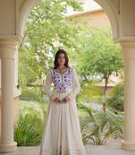 White cotton readymade anarkali suit with thread embroidery work