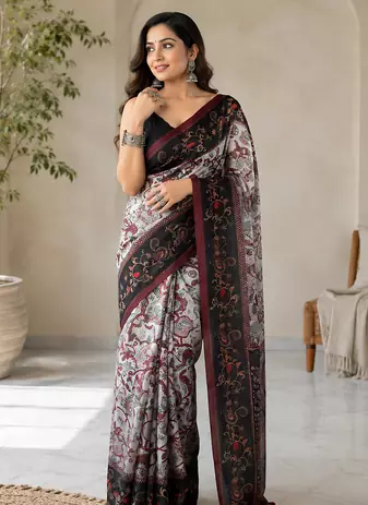 grey color multi digital hand picked kalamkari print cotton blend saree