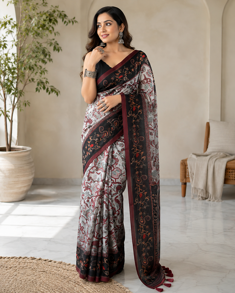 grey color multi digital hand picked kalamkari print cotton blend saree