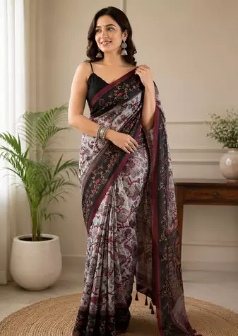 grey color multi digital hand picked kalamkari print cotton blend saree