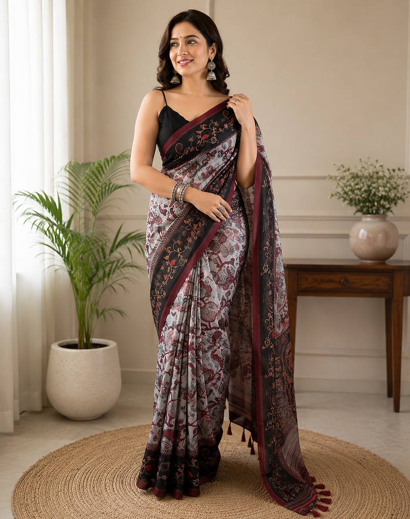 grey color multi digital hand picked kalamkari print cotton blend saree