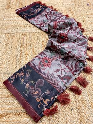 grey color multi digital hand picked kalamkari print cotton blend saree 4