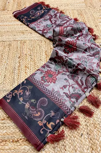 grey color multi digital hand picked kalamkari print cotton blend saree