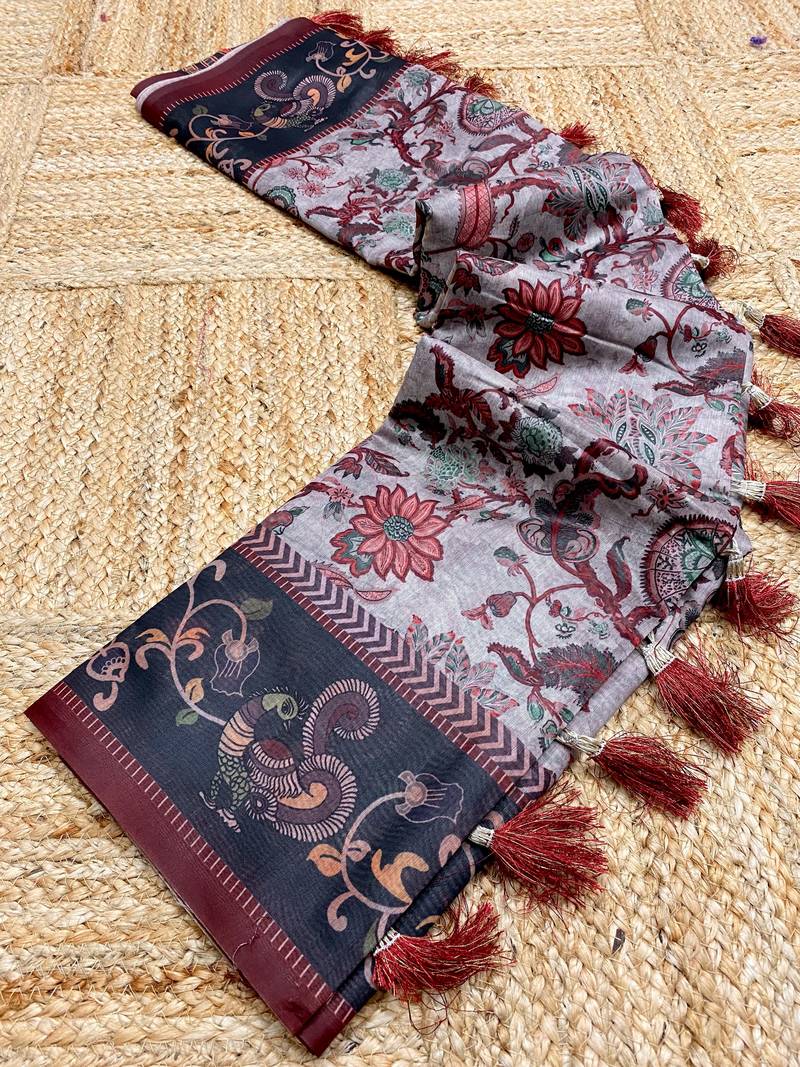 grey color multi digital hand picked kalamkari print cotton blend saree