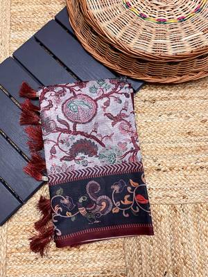 grey color multi digital hand picked kalamkari print cotton blend saree 5