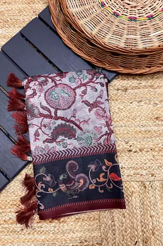 grey color multi digital hand picked kalamkari print cotton blend saree
