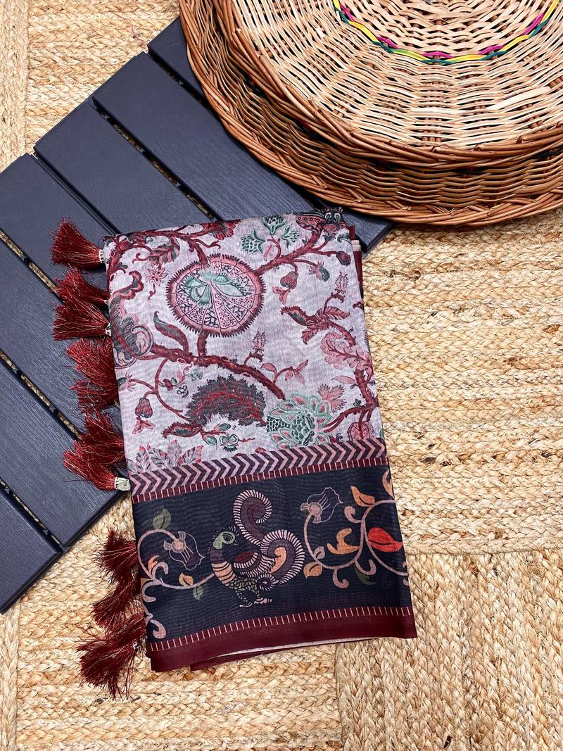 grey color multi digital hand picked kalamkari print cotton blend saree