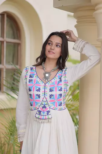 White cotton readymade anarkali suit with thread embroidery work