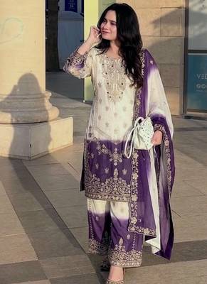 Violet&white georgette readymade suit with zari & embroidery work 1