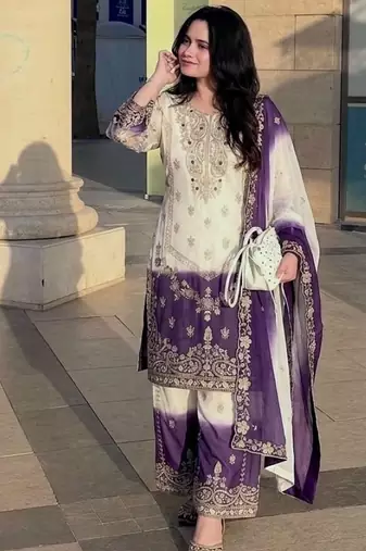 Violet&white georgette readymade suit with zari & embroidery work